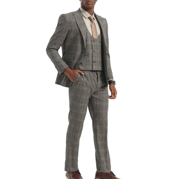Brown/Grey Plaid Peak Lapel 3 Piece Stacy Adams Men's - Picture 1 of 3
